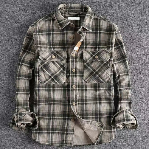 Vintage Japanese Men's Plaid Long Sleeve Comfortable Corduroy Artistic Shirts