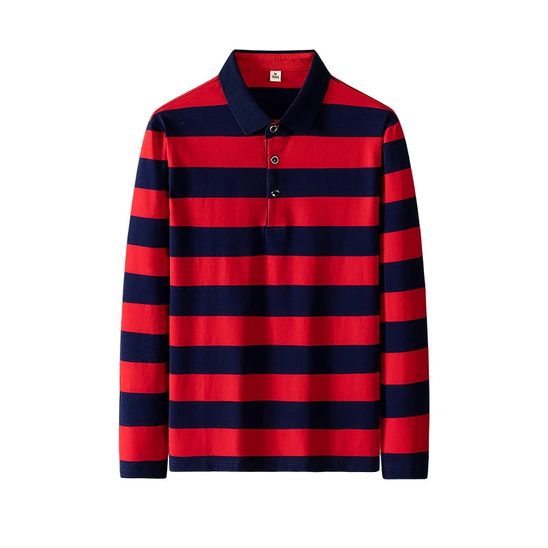 Men Cotton Long Sleeve Stripe Embroidery Casual Polo Shirt