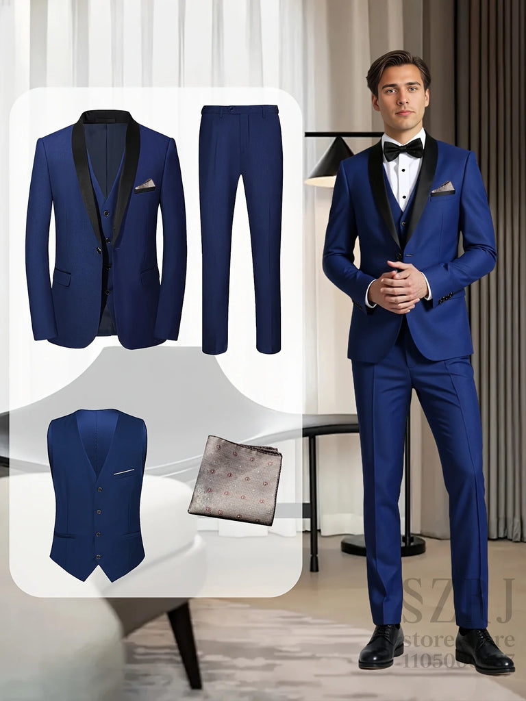 Men's 4pcs Tuxedo Suit: Jacket, Vest, Dress Pants &Pocket Square