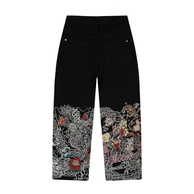 Vintage Japanese Ukiyo-e Floral Pattern Embroidery Wide Leg Jeans Trend Men Streetwear