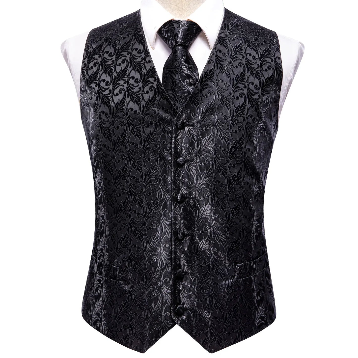 Men Silk Paisley Jacquard Necktie Handkerchief Cufflinks Sets V-Neck Waistcoat