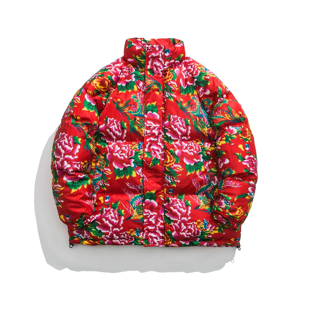 Winter Puffer Jacket Chic Flower Print Zipper Vintage Men's Chinese Patter Short Parkas