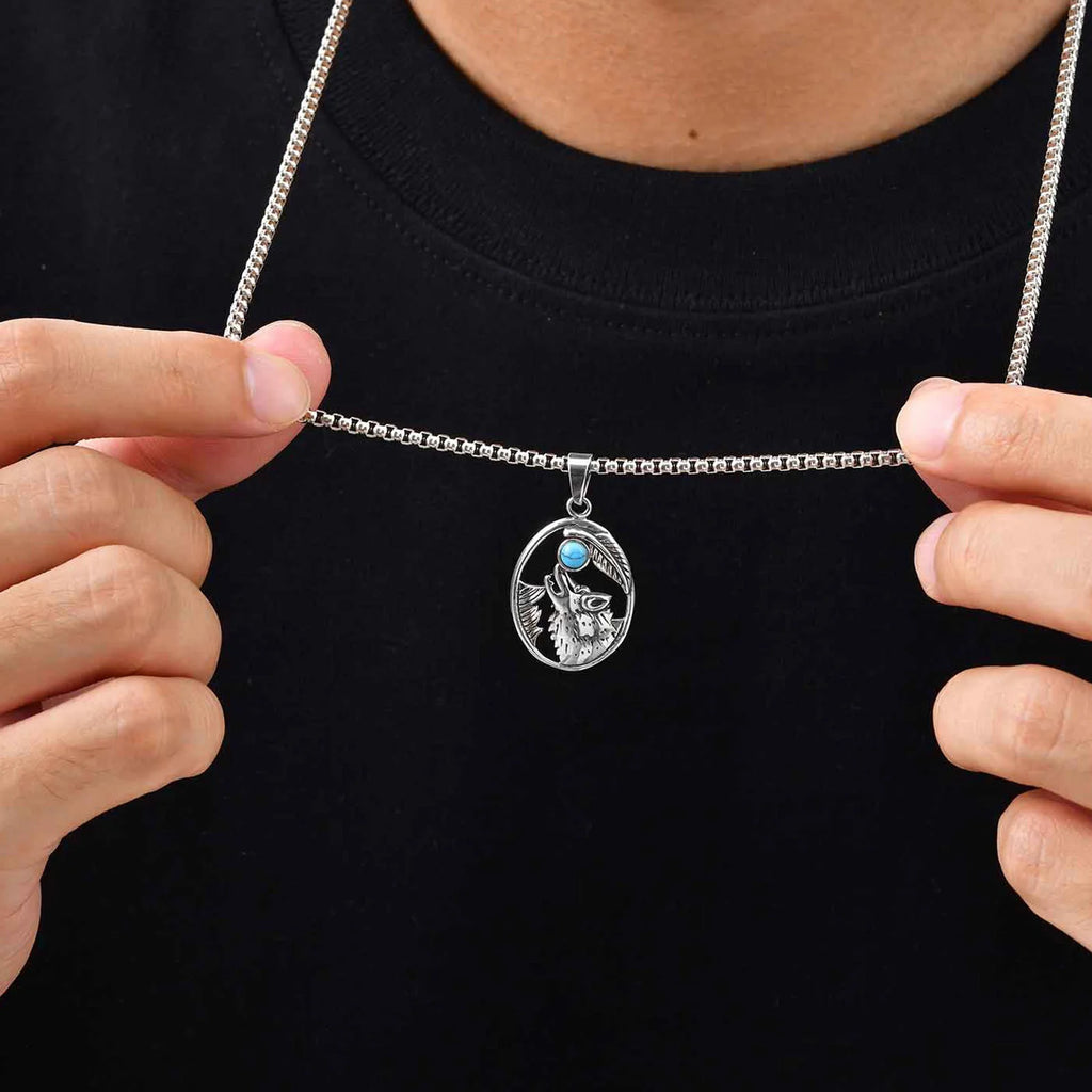 Wolf Head Oval Men's Sliver Stainless Steel Pendant with Turquoise Stone