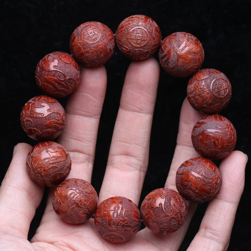 Multicolor Wooden Bracelet Men's 20mm Elastic Bead Lucky Mythical Animal Sculpture