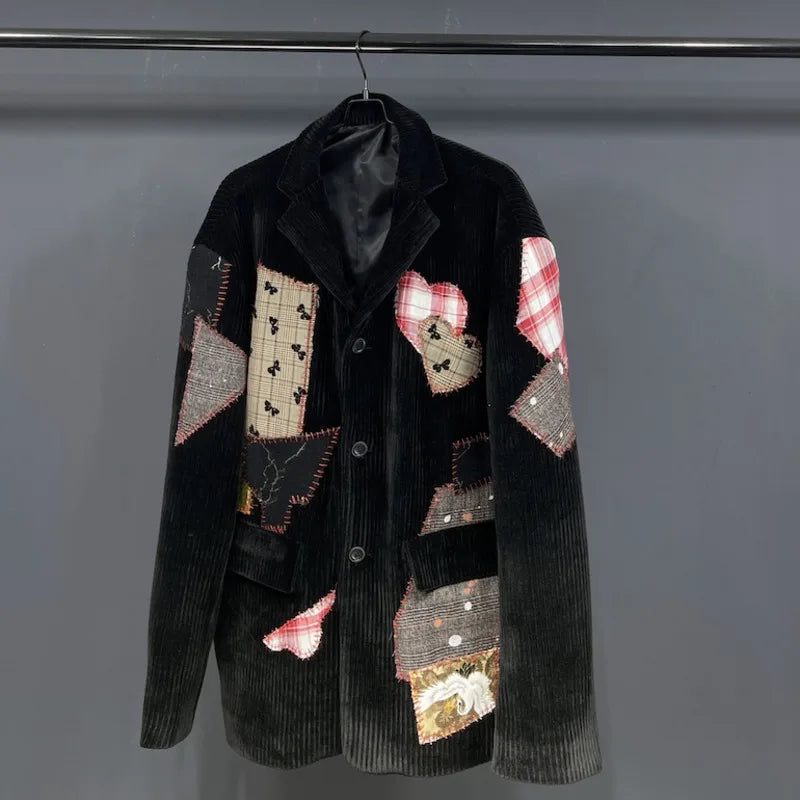 Man Tide Corduroy Patchwork Design Large Long Sleeve Suit-Coats Niche Chic Blazer