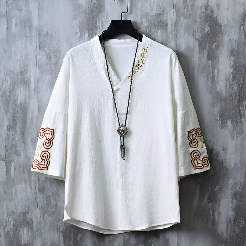 Chinese style short sleeved shirt men loose wushu retro elegant embroidery cotton linen top