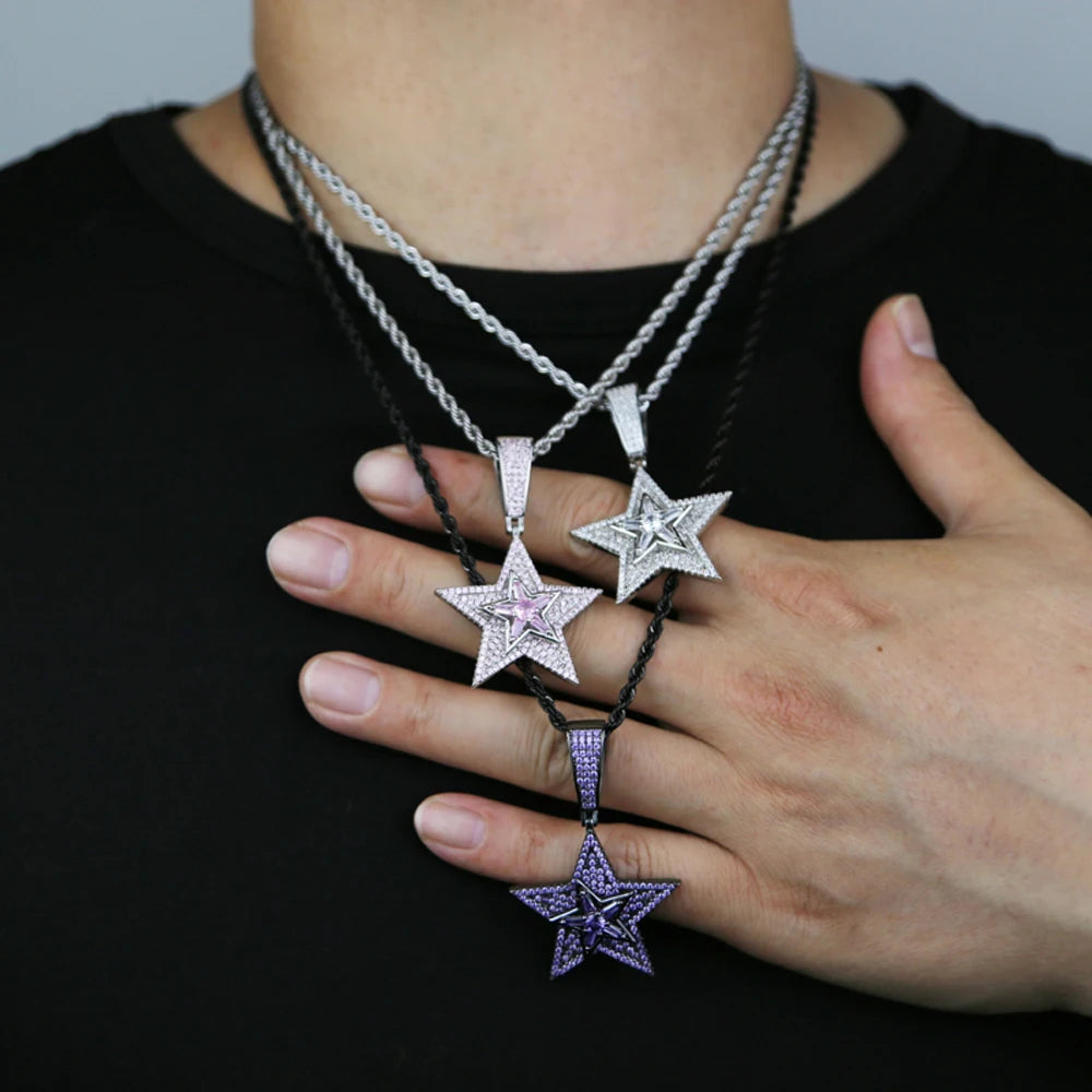 Iced Out Rotatable Star Pendants Cubic Zirconia Multi Layers Men Jewelry