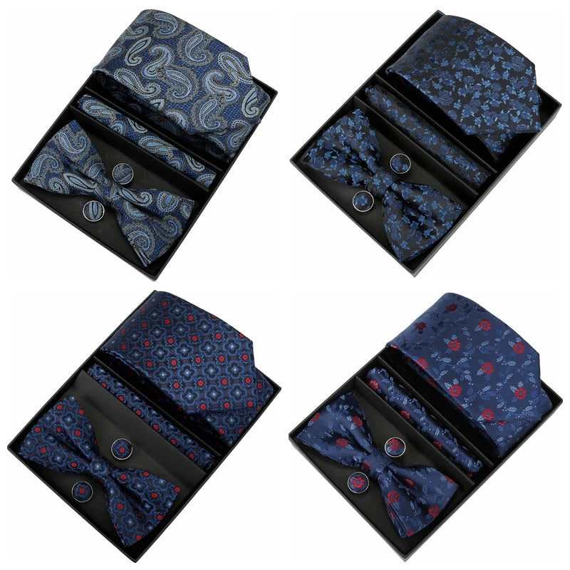 Silk Tie For Men Bowtie Pocket Square Cufflinks Set