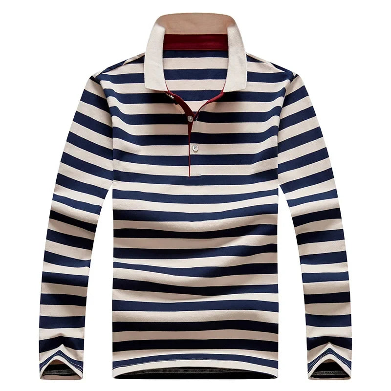 Men Cotton Long Sleeve Stripe Embroidery Casual Polo Shirt