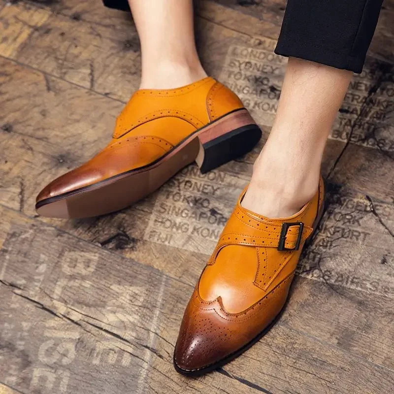 Pointed Toe Leather Brogue Shoes for Men Flat Casual Classic