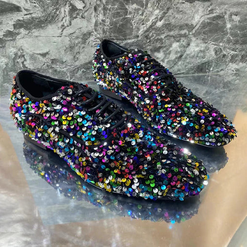 Luxury Mixed Color Bling Loafer Glitter Handmade Dress Shoes Men's Flats