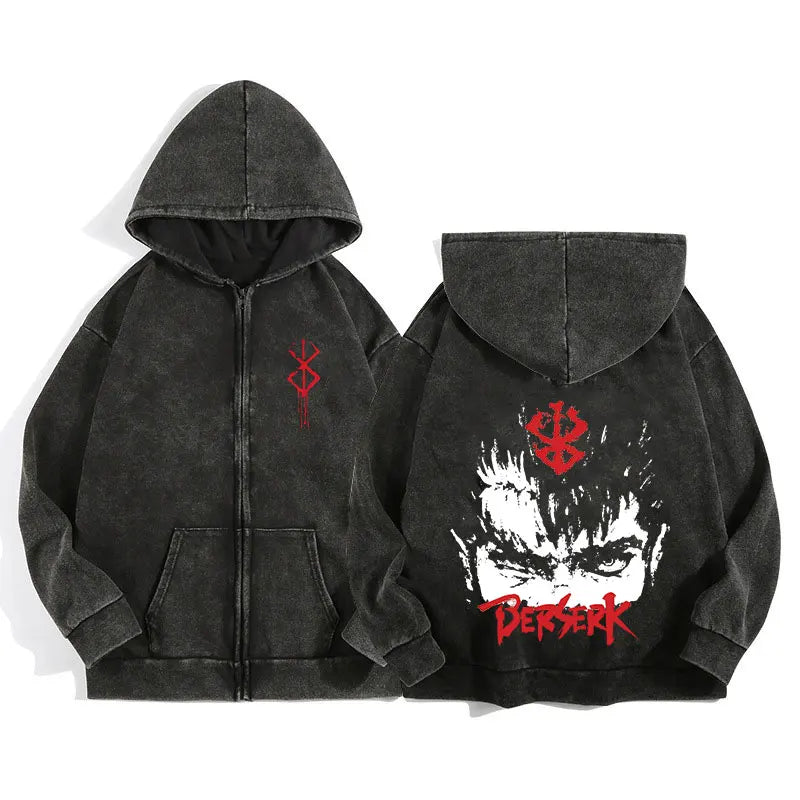 Berserk Wash Zip Up Retro Graphic Hooded Sweatshirt Cotton Unisex Hoodie