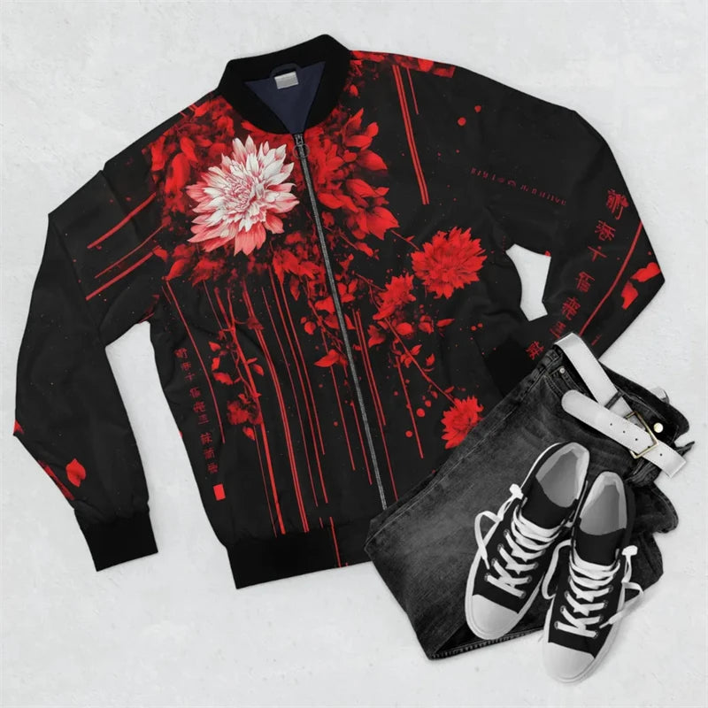 Harajuku Japanese Graffiti Men's Oversized 3D Long Sleeve Zipper Bomber Jackets