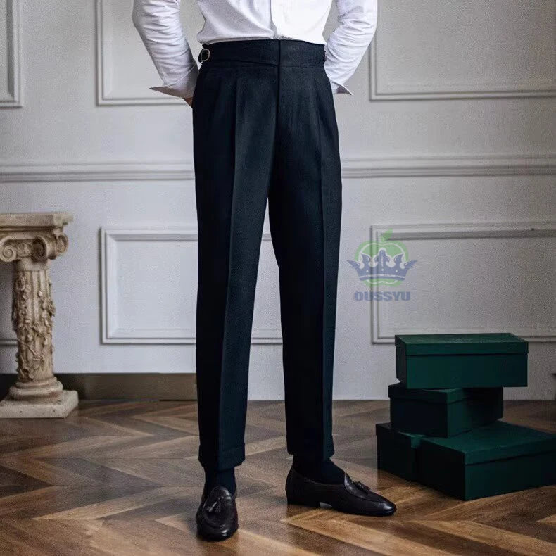 Italian Naples Style Men's Suit Pants High Waisted Straight Fit Formal Trousers