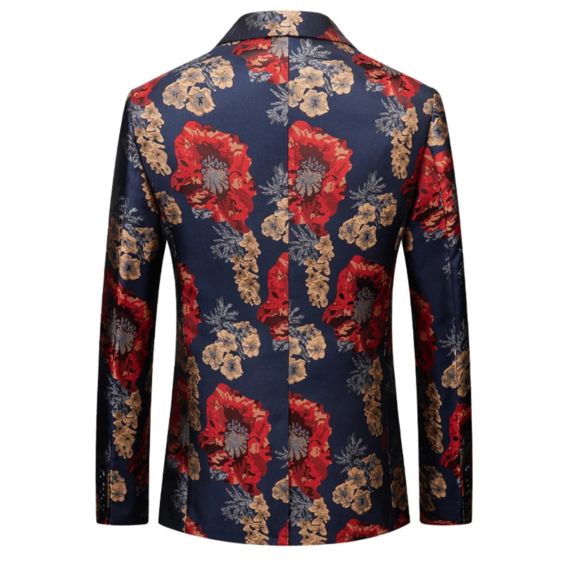 Peak Lapel Men Floral Suit Jacket Single Button Dress Coat