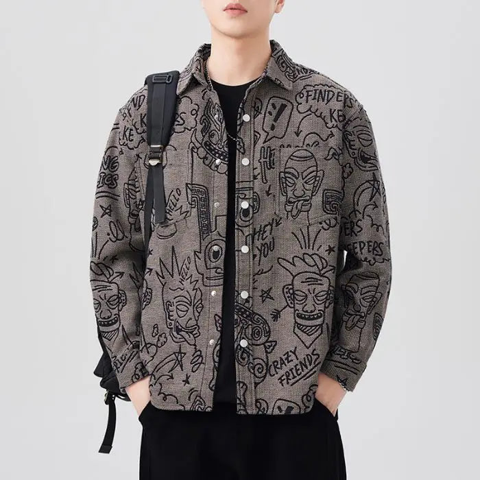Men's Baggy Jacquard American Versatile Turn-down Collar Long Sleeve Trendy Coat