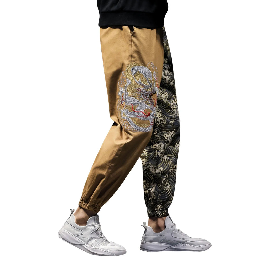 Flat Front Loose Men's Japanese Retro Embroidered Casual Trousers