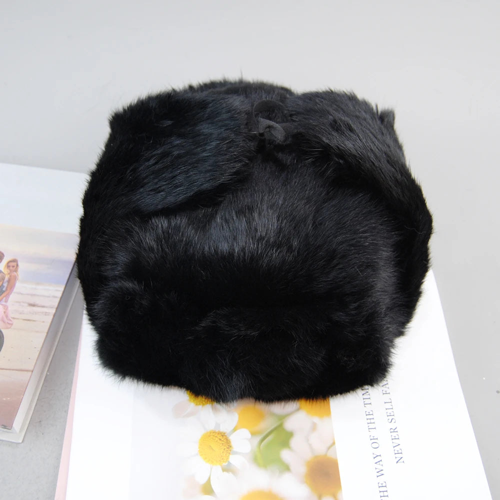Men's Warm Natural Rabbit Fur With Earflaps Russian Ushanka Hats