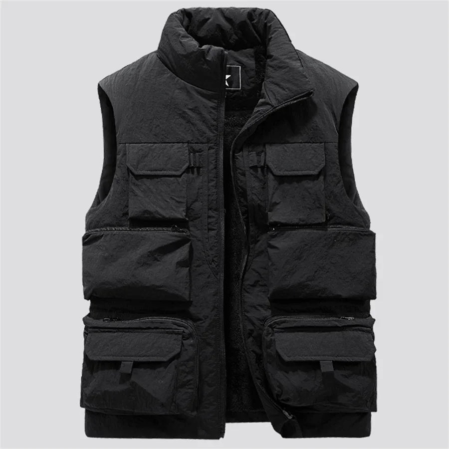 Cargo Vest Thick Fleece Warm Solid Color Tactical Men Waistcoat