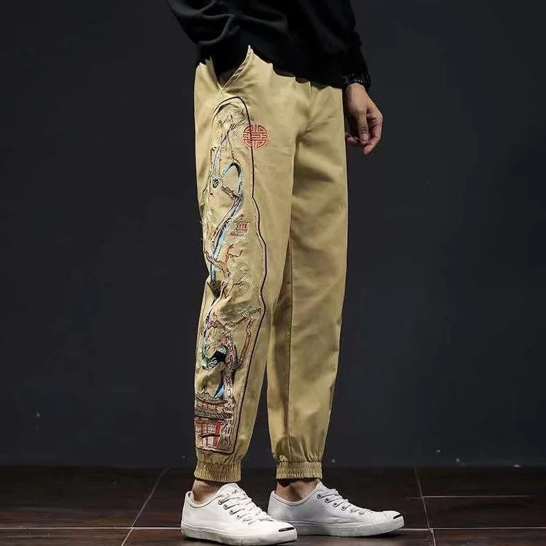 Chinese style men's pants national tide embroidery retro loose pants