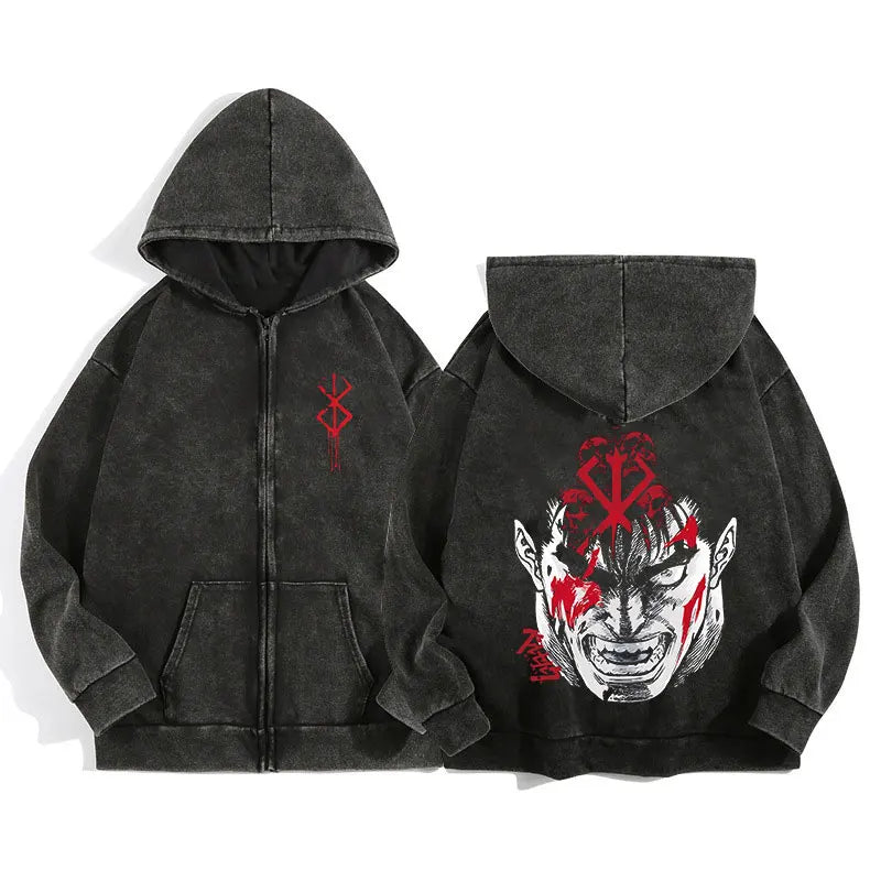 Berserk Wash Zip Up Retro Graphic Hooded Sweatshirt Cotton Unisex Hoodie