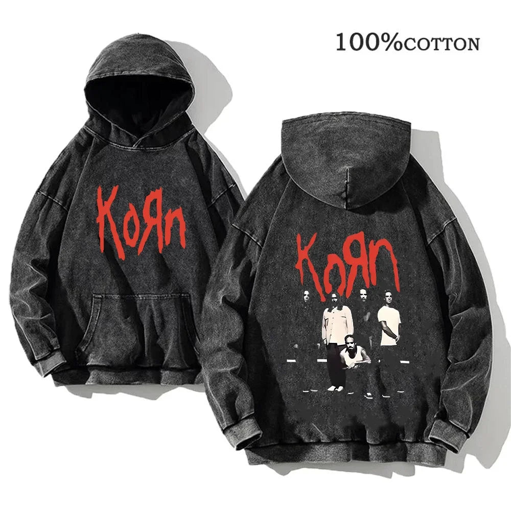 Korn World Tour Hoodies Vintage Washed Men's Sweatshirts Cotton Streetwear Hooded Pullover