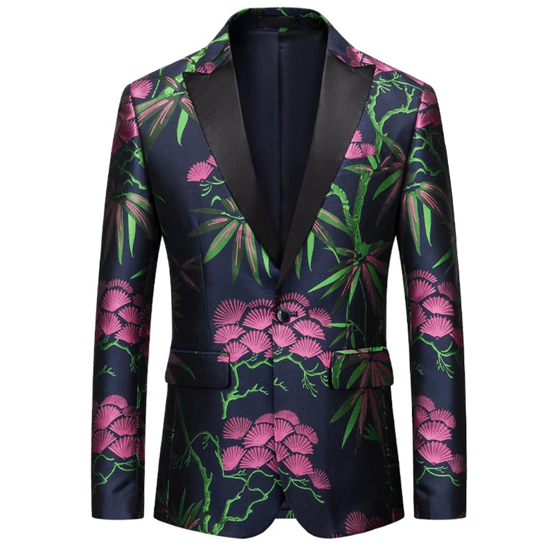 Peak Lapel Men Floral Suit Jacket Single Button Dress Coat