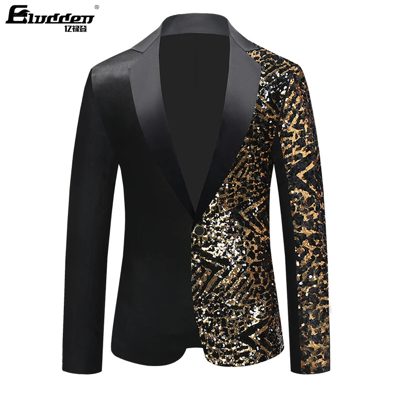 Single Breasted Leopard Sequins Jacket Men Blazer Men's Sequins Suit