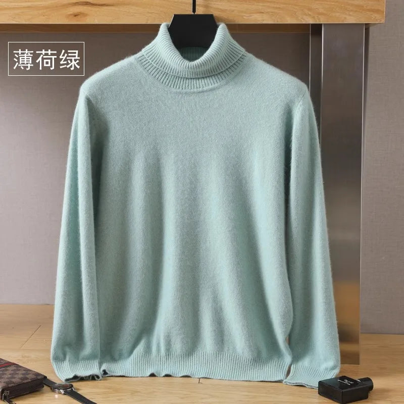 Men's 100% Mink Cashmere Sweater High Lapels Knitted Long Sleeve High-End Jumpers