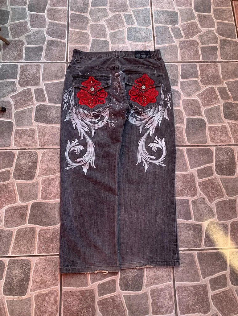 Dragon Print Men's Baggy Fit Jeans High Street  Casual Trendy Streetwear