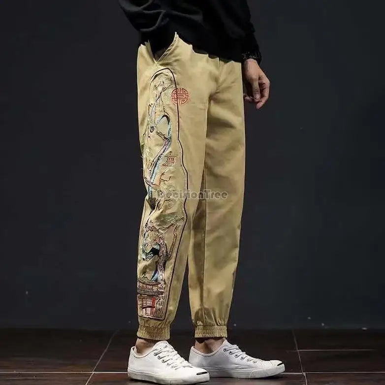 Chinese style men's pants national tide embroidery retro loose pants