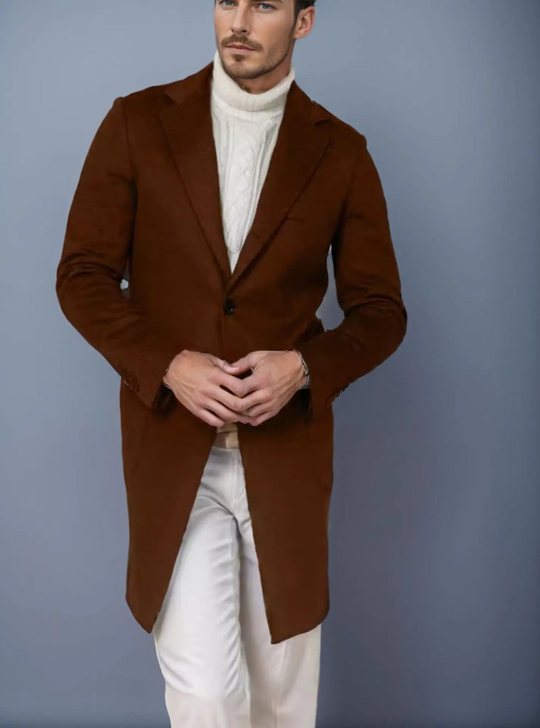 Men Elegant Woolen Jacket with Lapel Pockets Slim Solid Color Collar Trench Coat