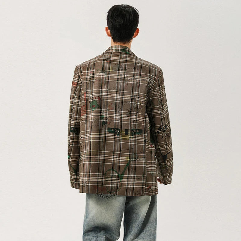Checked Graffiti Printed Blazer Coat Men's Autumn Loose High Quality Handsome Jacket