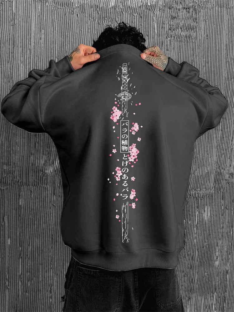 Men's Cherry Blossom and Chinese-character Printed Loose Sweatshirt Outdoor Round Neck Pullover