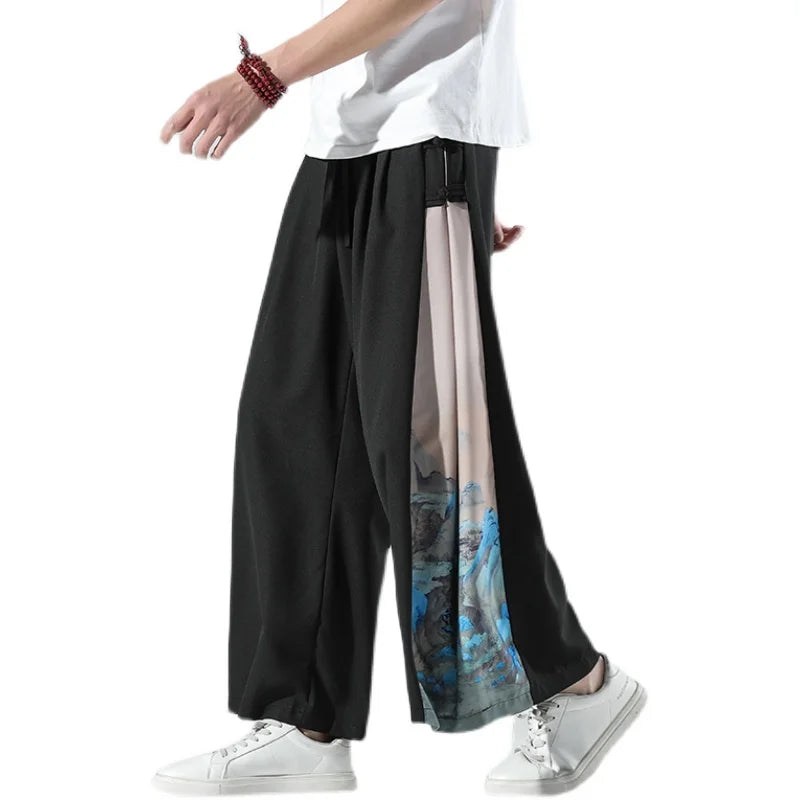 Japanese Loose Men's Wide Leg Casual Trousers Oversized Elastic Waist Sweatpants