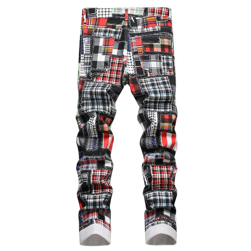 Men Plaid Print Jeans Patchwork Stretch Denim Slim Straight Trousers