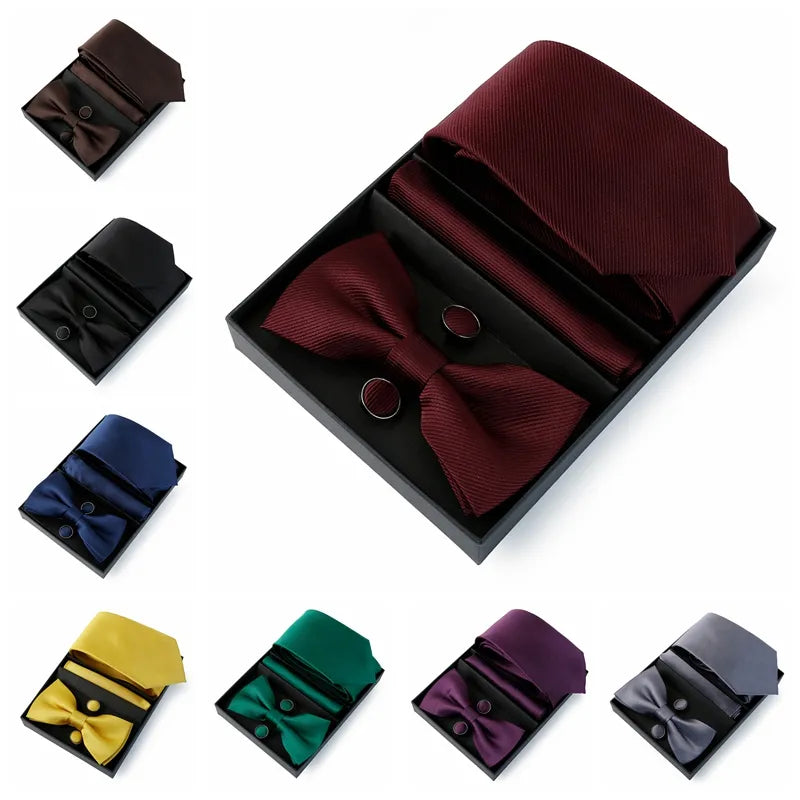 Tie Set For Men (Necktie 7.5cm Solid Color Necktie Bowtie Pocket Square Cufflinks)