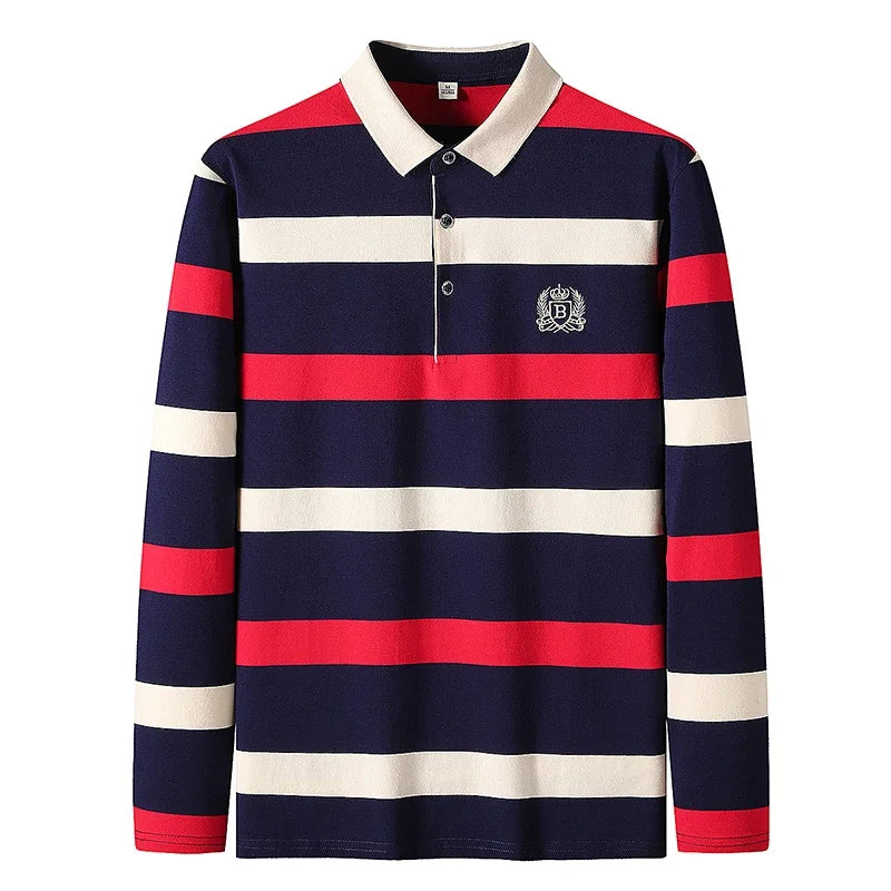 Men Cotton Long Sleeve Stripe Embroidery Casual Polo Shirt