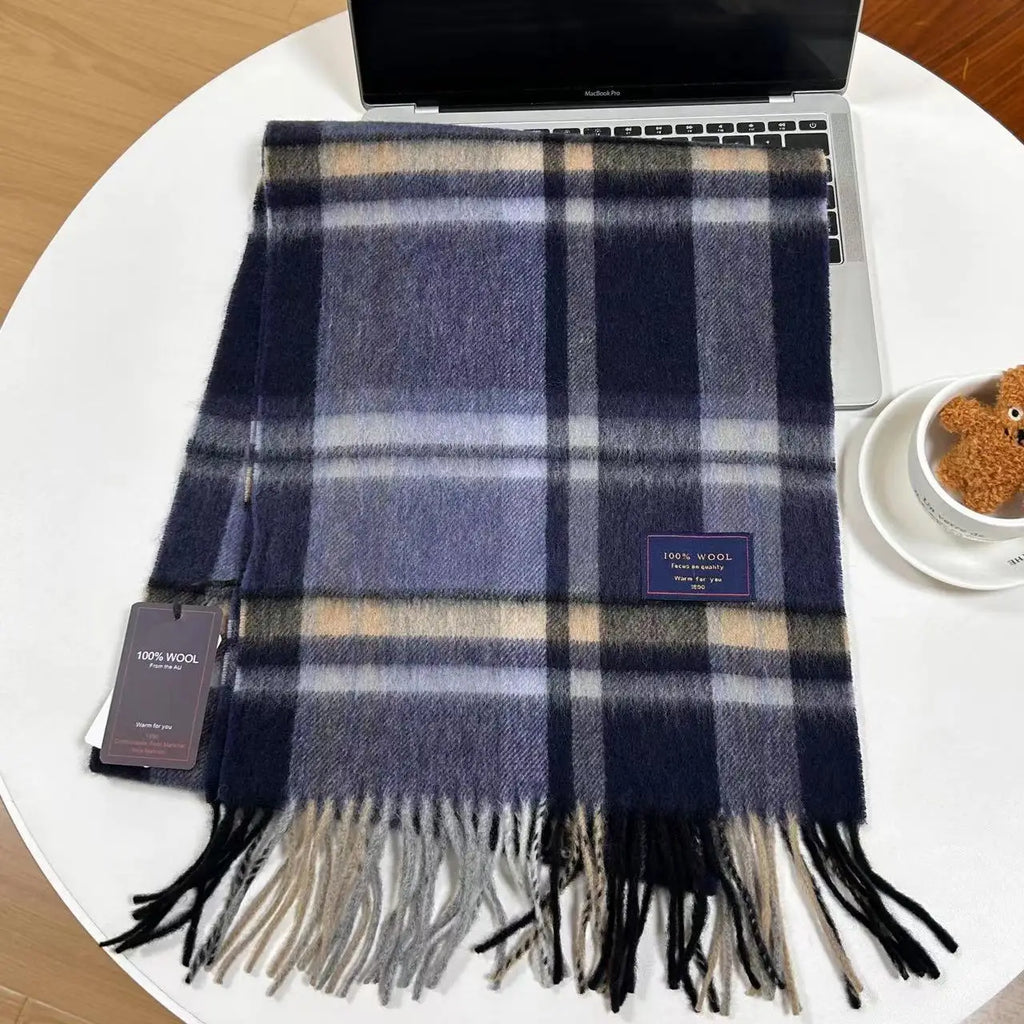 Men 100% Wool Plaid Muffler Cashmere Windproof Stripe Tassel Shaw Thick Scarf
