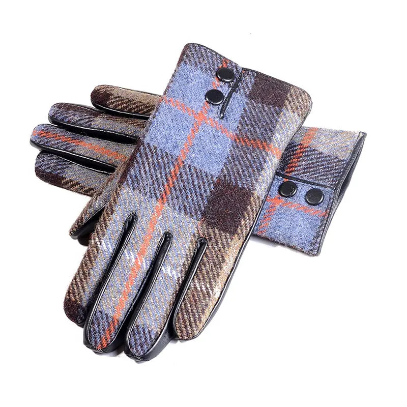 Men's Male Wool Tweed & Leather Warm Thicker Lining Short Gloves