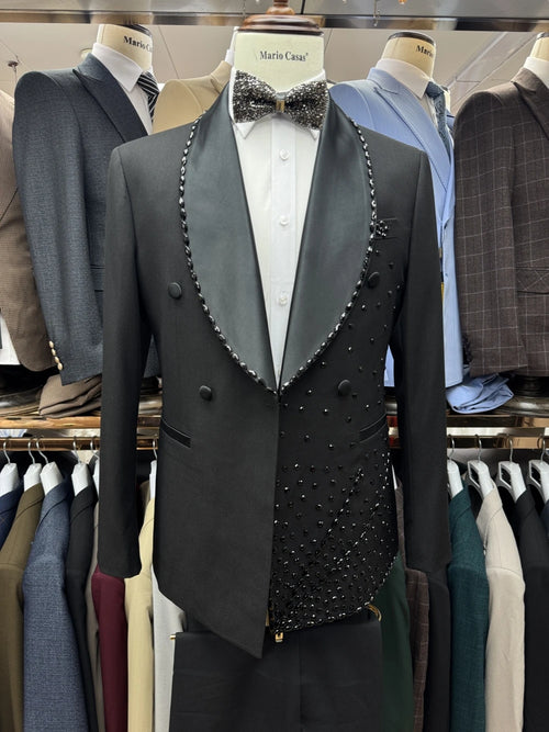 Black Shawl Lapel Beaded Men Suit Tuxedo High Quality Vintage 2-pieces