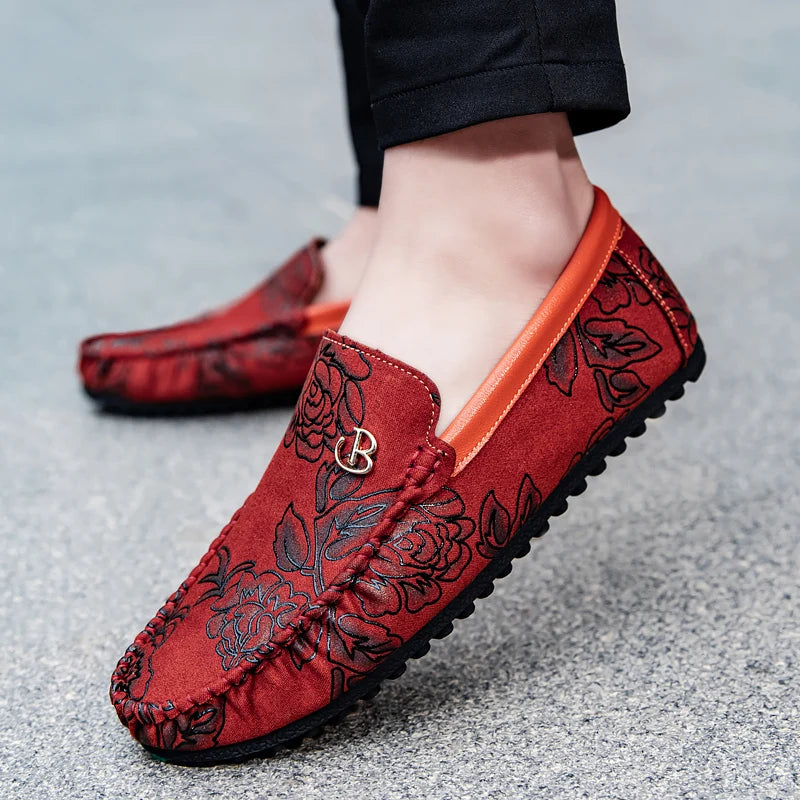 Rose Print Loafers Flats High Quality Suede Casual Shoes For Man