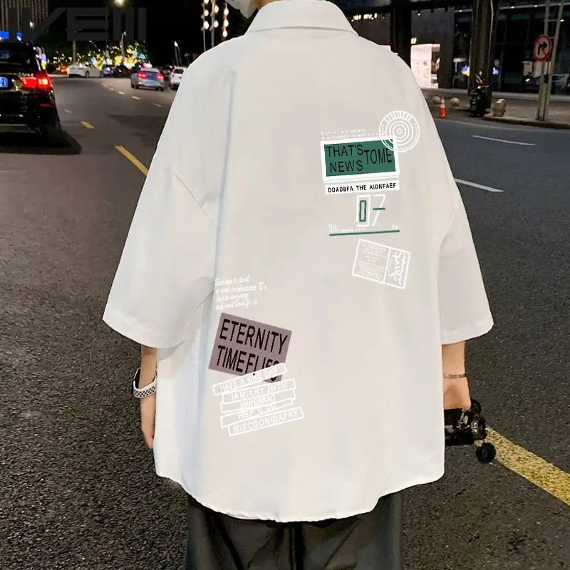 Japanese Men's Splicing Square Collar Button Letters Loose Casual Shirts