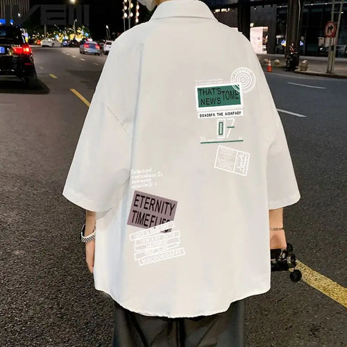 Japanese Men's Splicing Square Collar Button Letters Loose Casual Shirts