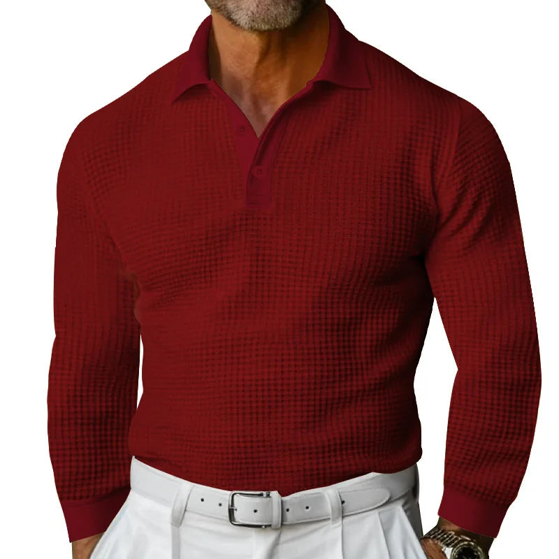 Men's Spring Leisure Polo Shirt Solid Color Breathable Waffle Long Sleeve  Lapel Collar