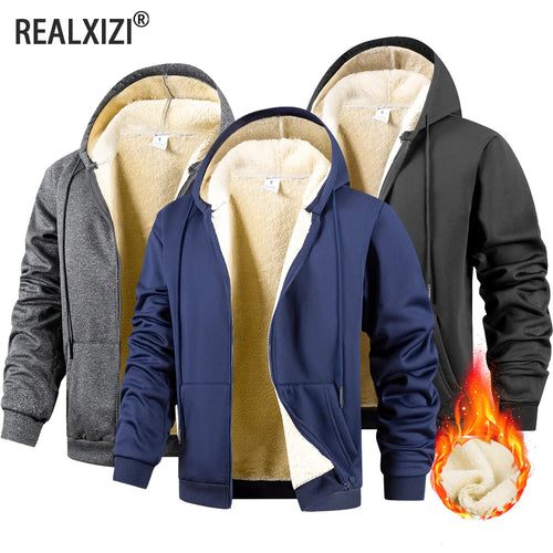 Men's Thickened Fleece Lining Warm Jackets Cardigan  Zip Up Hooded Jackets