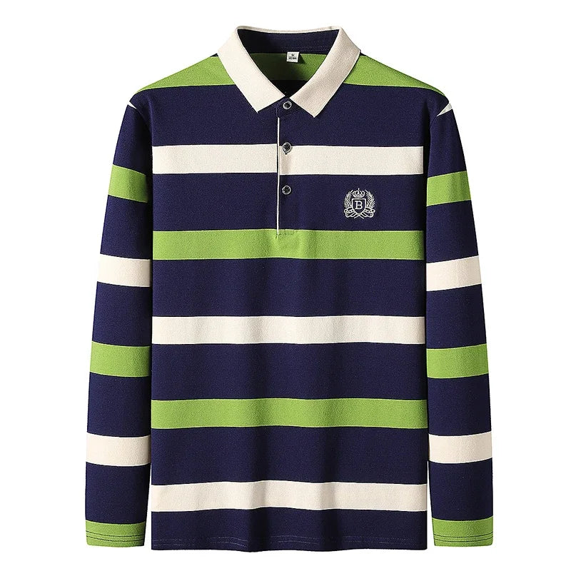 Men Cotton Long Sleeve Stripe Embroidery Casual Polo Shirt