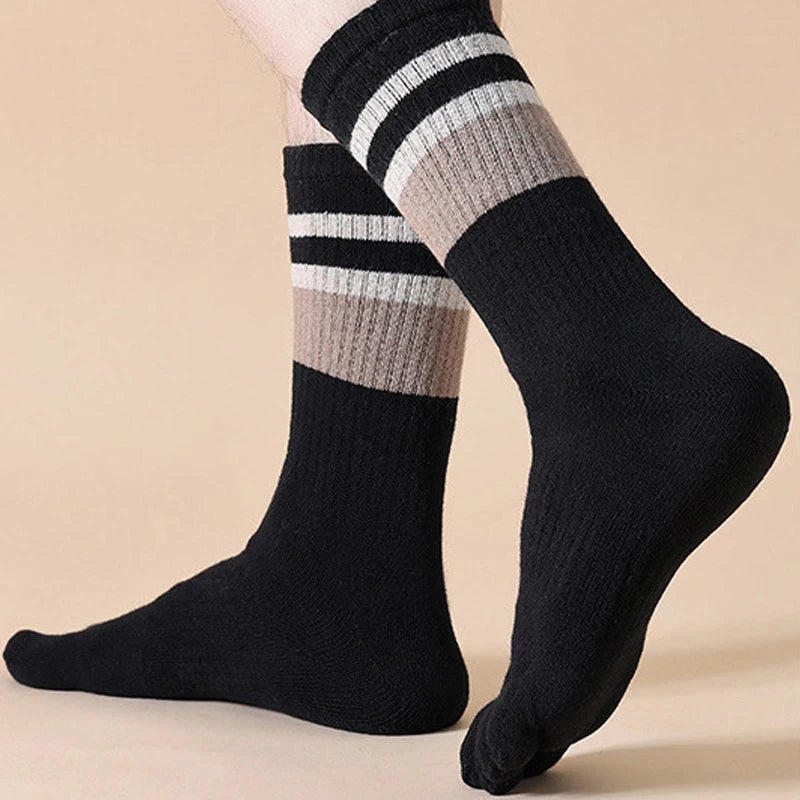 5 Pairs Terry Toe Man Cotton Striped Thick Elastic Sweat-Absorbing Long Socks