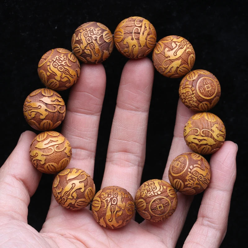 Multicolor Wooden Bracelet Men's 20mm Elastic Bead Lucky Mythical Animal Sculpture