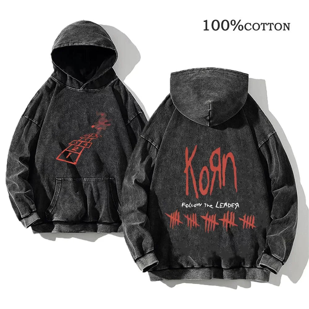 Korn World Tour Hoodies Vintage Washed Men's Sweatshirts Cotton Streetwear Hooded Pullover
